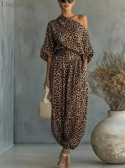 Leopard Print One Shoulder Batwing Top & Cuffed Harem Jogger 2 Piece Co-Ord Set - Leopard print / S