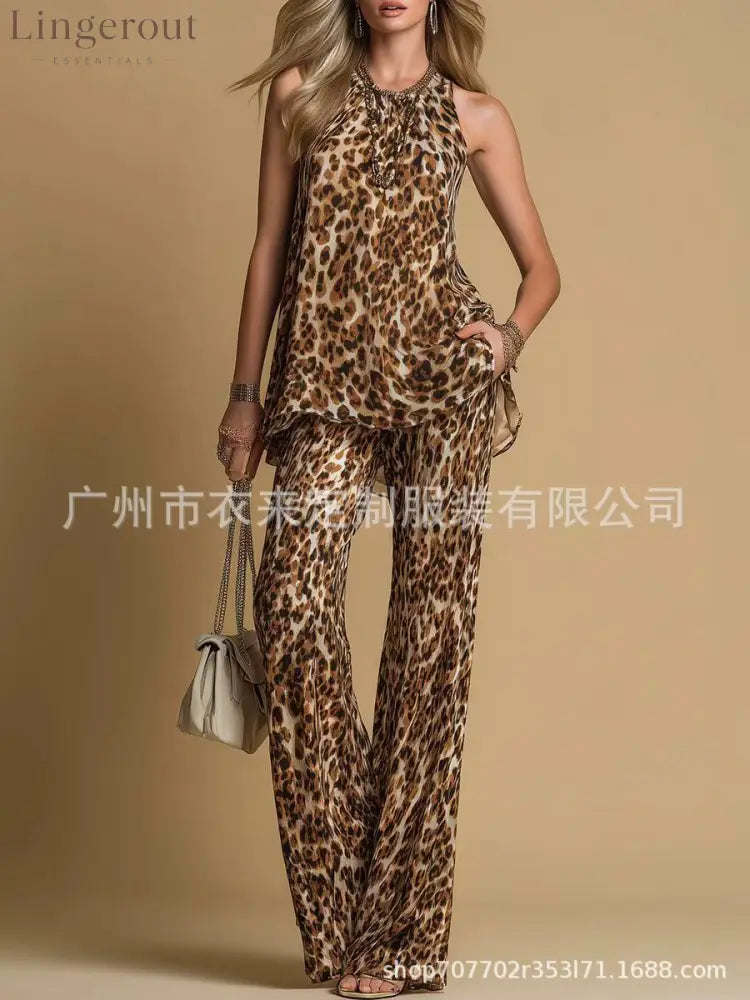 Leopard Print Rhinestone Halter Tank & High Waist Wide Leg Pants 2 Piece Matching Set - Print color / XS