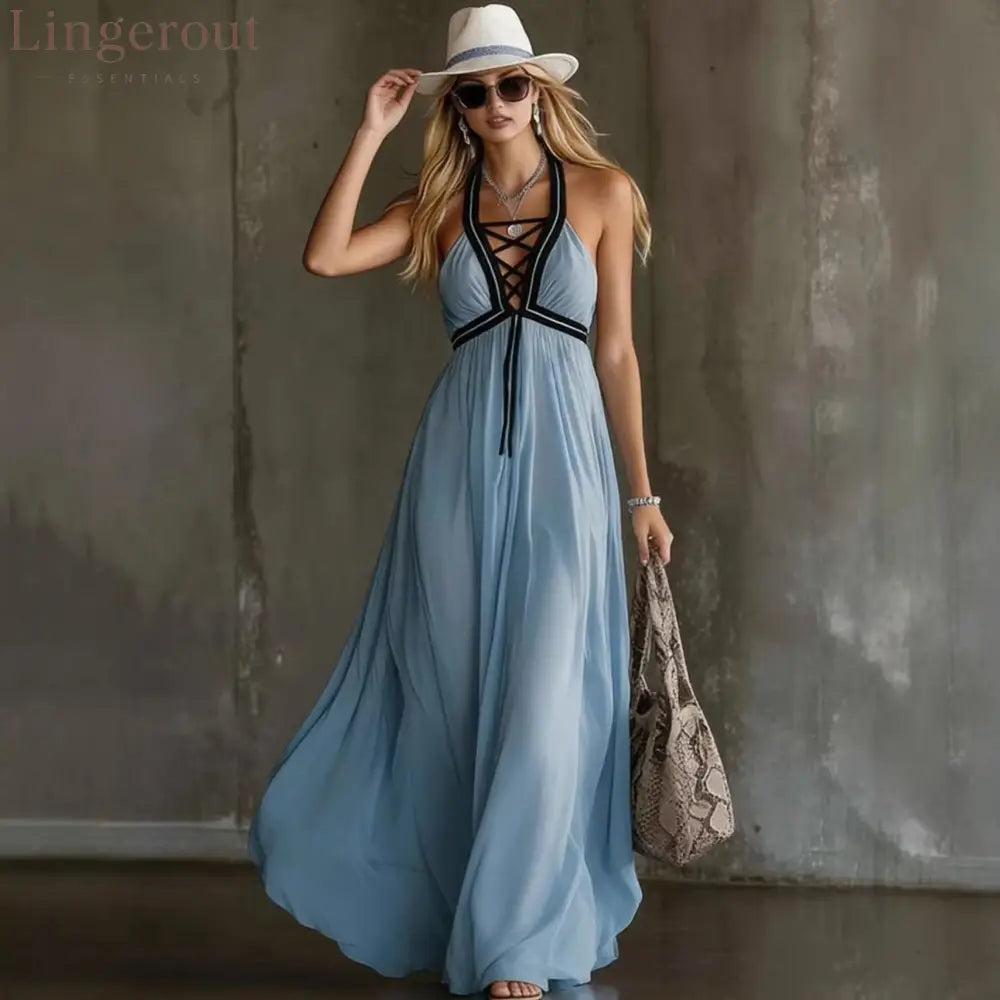 Light Blue Crisscross Halter Flowy Chiffon Maxi Dress