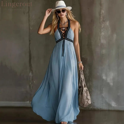 Light Blue Crisscross Halter Flowy Chiffon Maxi Dress