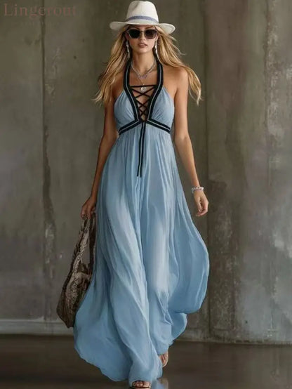 Light Blue Crisscross Halter Flowy Chiffon Maxi Dress - Light blue / XS