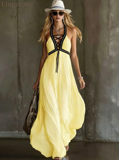 Light Blue Crisscross Halter Flowy Chiffon Maxi Dress - Light yellow / XS