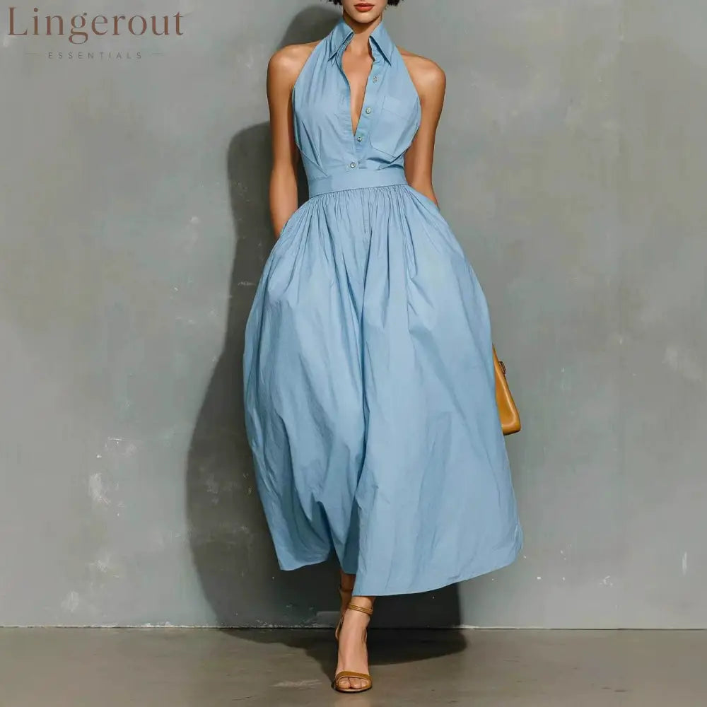 Light Blue Halter Collar Button Front Pleated Midi Cotton Shirt Dress