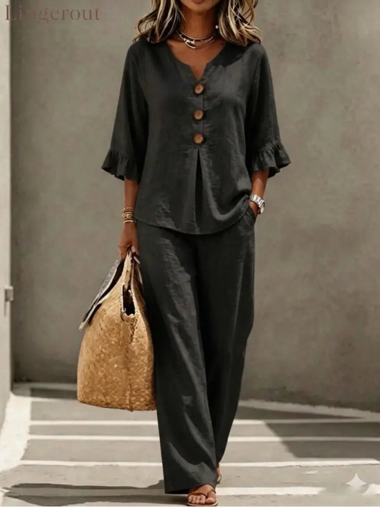 Light Blue V Neck Ruffle Sleeve Linen Two-Piece Wide Leg Pants Set - Black / S