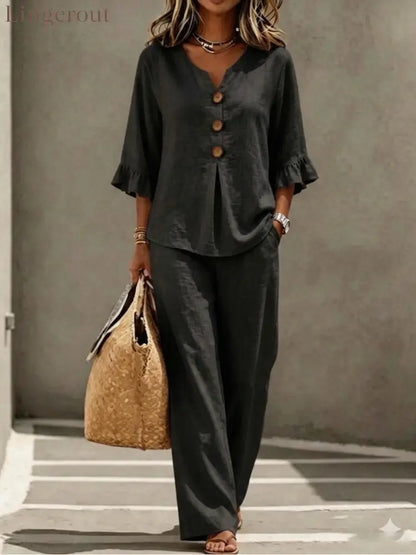 Light Blue V Neck Ruffle Sleeve Linen Two-Piece Wide Leg Pants Set - Black / S