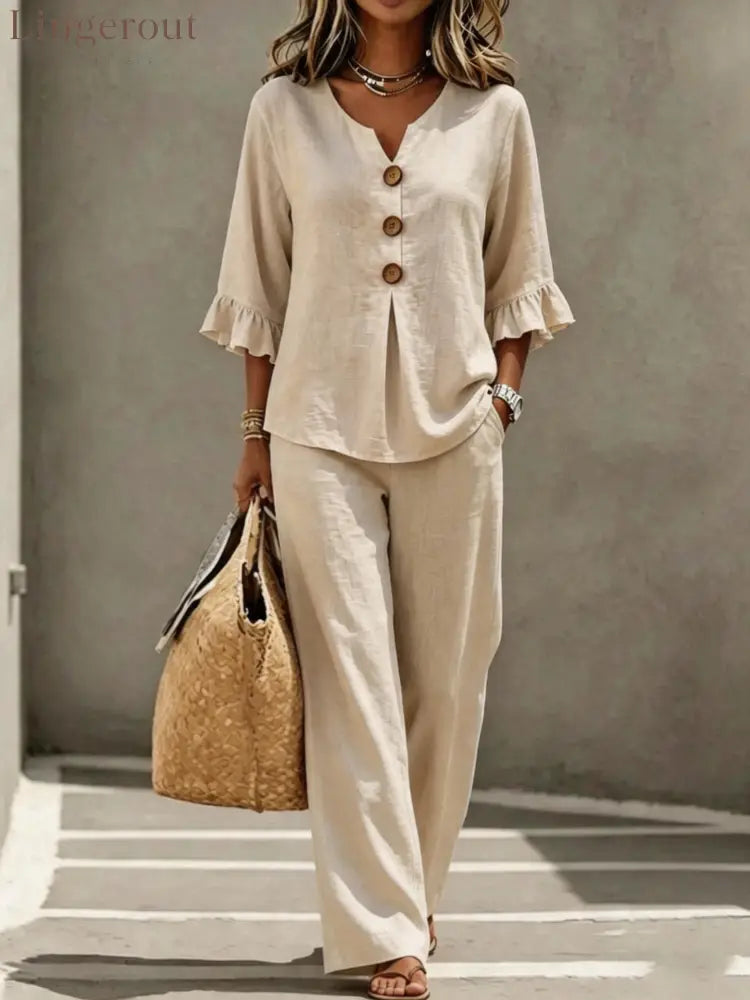Light Blue V Neck Ruffle Sleeve Linen Two-Piece Wide Leg Pants Set - Khaki / S