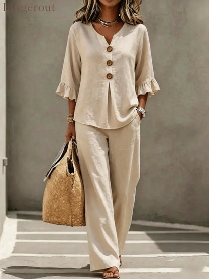 Light Blue V Neck Ruffle Sleeve Linen Two-Piece Wide Leg Pants Set - Khaki / S