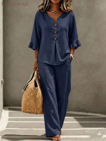 Light Blue V Neck Ruffle Sleeve Linen Two-Piece Wide Leg Pants Set - Navy blue / S