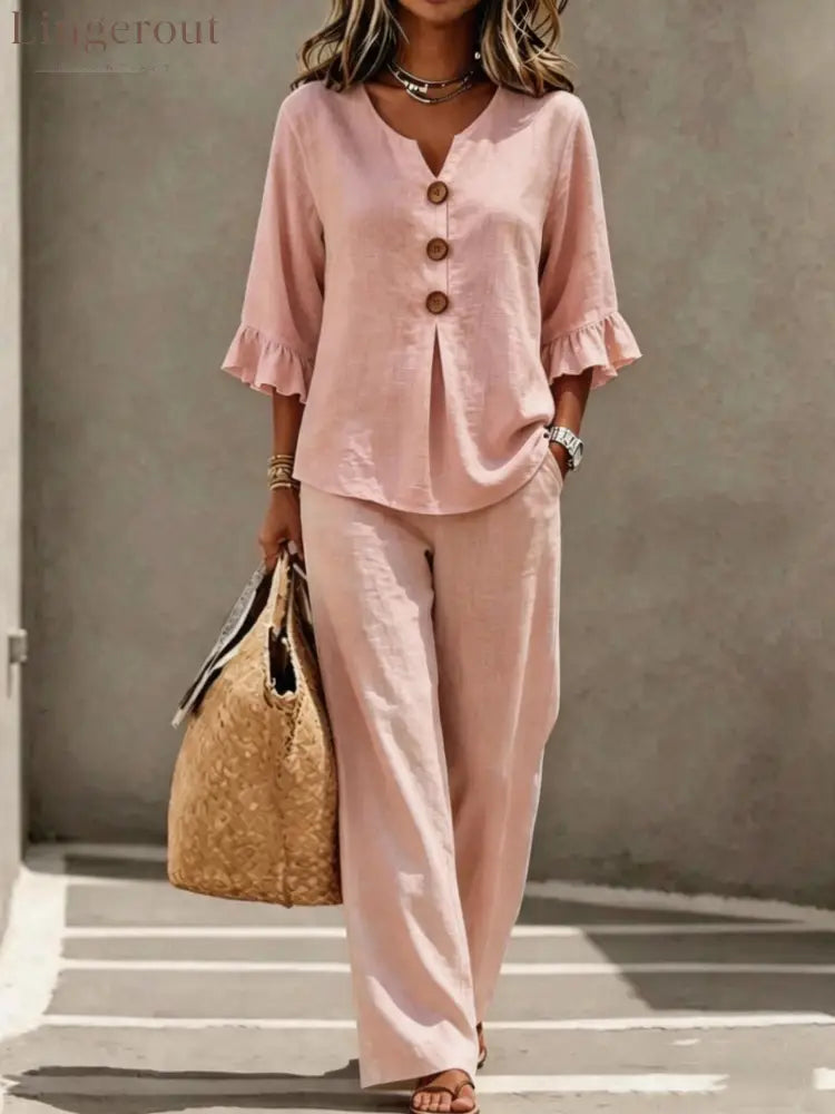 Light Blue V Neck Ruffle Sleeve Linen Two-Piece Wide Leg Pants Set - Pink / S