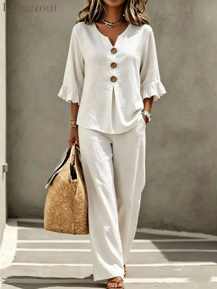 Light Blue V Neck Ruffle Sleeve Linen Two-Piece Wide Leg Pants Set - White / S
