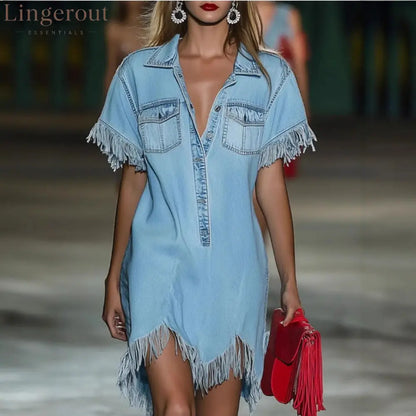 Light Wash Fringe Denim Shirt Dress - Sky blue / S