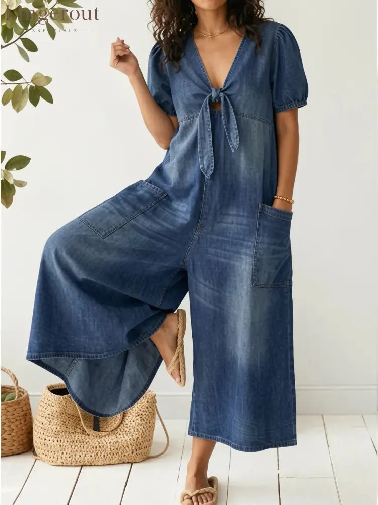 Light Wash Tie-Front Denim Wide-Leg Jumpsuit