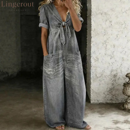 Light Wash Tie-Front Denim Wide-Leg Jumpsuit