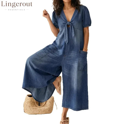 Light Wash Tie-Front Denim Wide-Leg Jumpsuit