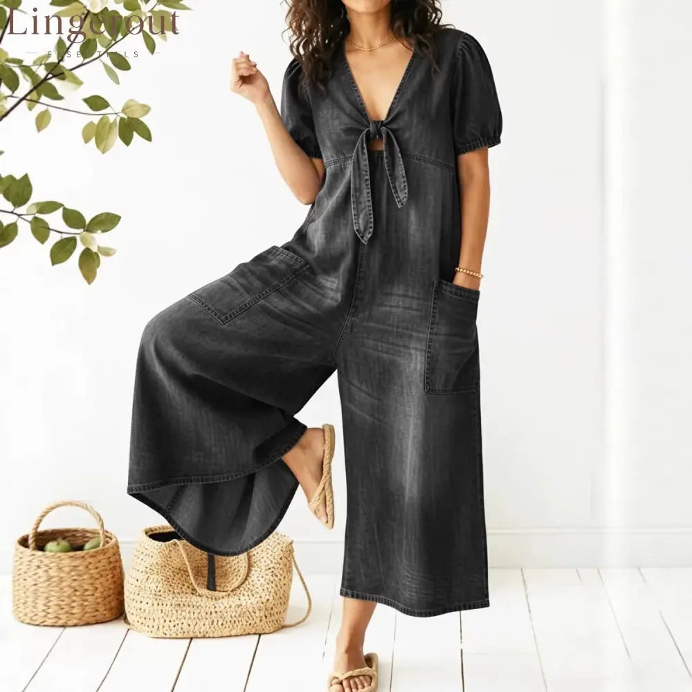 Light Wash Tie-Front Denim Wide-Leg Jumpsuit