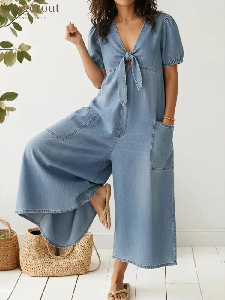 Light Wash Tie-Front Denim Wide-Leg Jumpsuit - Light blue / S