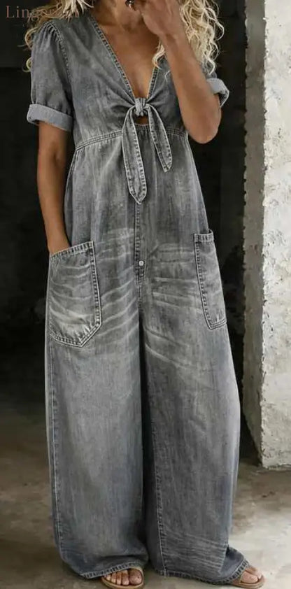 Light Wash Tie-Front Denim Wide-Leg Jumpsuit - Grey / S