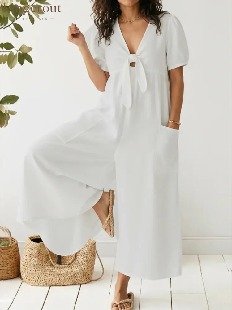 Light Wash Tie-Front Denim Wide-Leg Jumpsuit - White / S