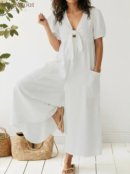 Light Wash Tie-Front Denim Wide-Leg Jumpsuit - White / S