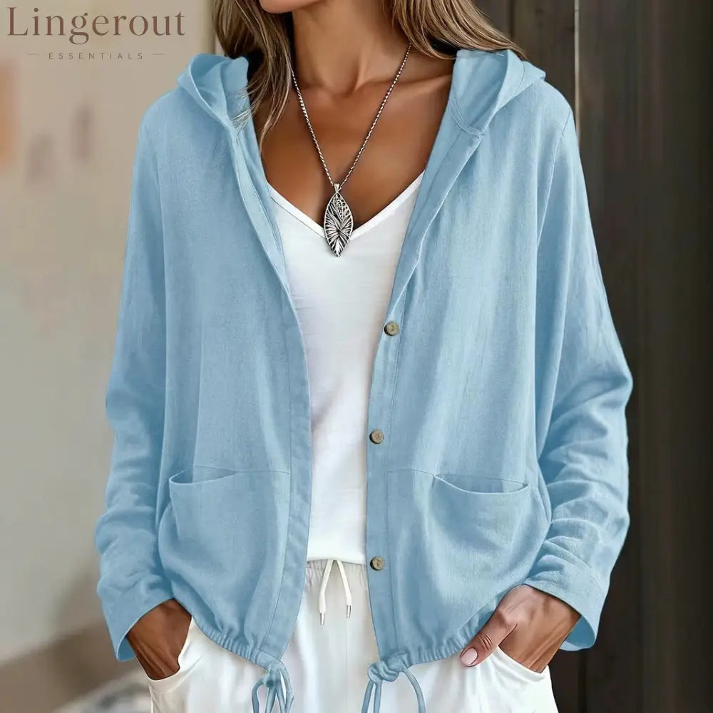 Lightweight Hooded Button Jacket – Soft Casual Layering Piece - Blue / S