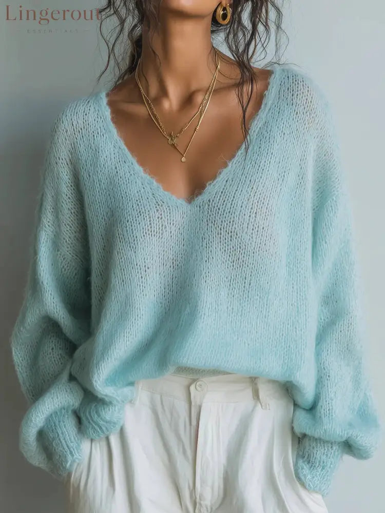 Lightweight Knit V-Neck Relaxed Sweater - Light blue / S