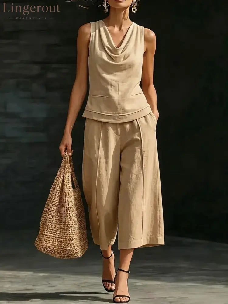 Linen 2-Piece Sleeveless Outfit - Khaki / S