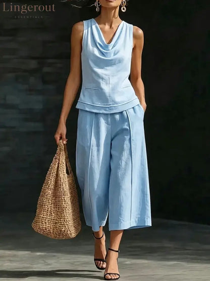 Linen 2-Piece Sleeveless Outfit - Light blue / S