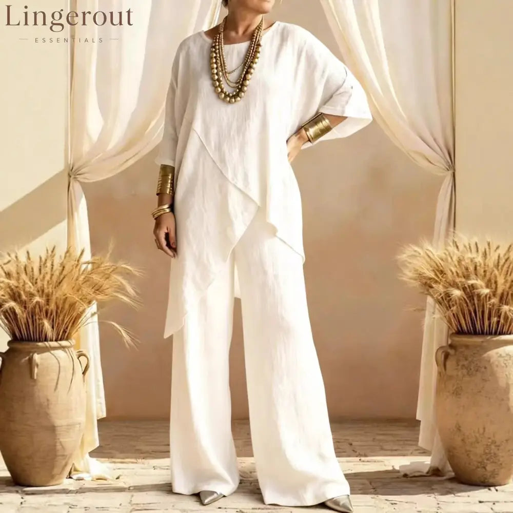 Linen Asymmetric Overlap Top & Wide Leg Pants Two Piece Set