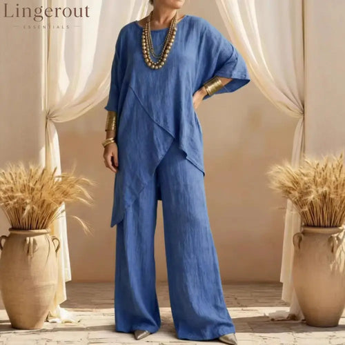 Linen Asymmetric Overlap Top & Wide Leg Pants Two Piece Set