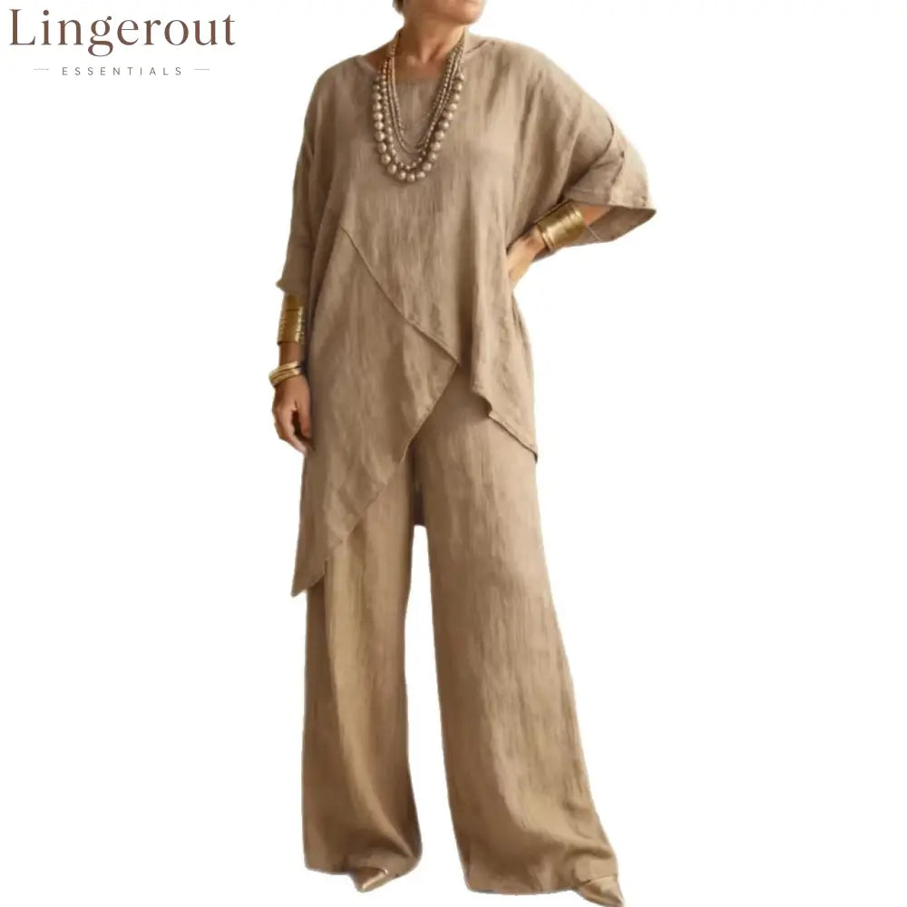 Linen Asymmetric Overlap Top & Wide Leg Pants Two Piece Set