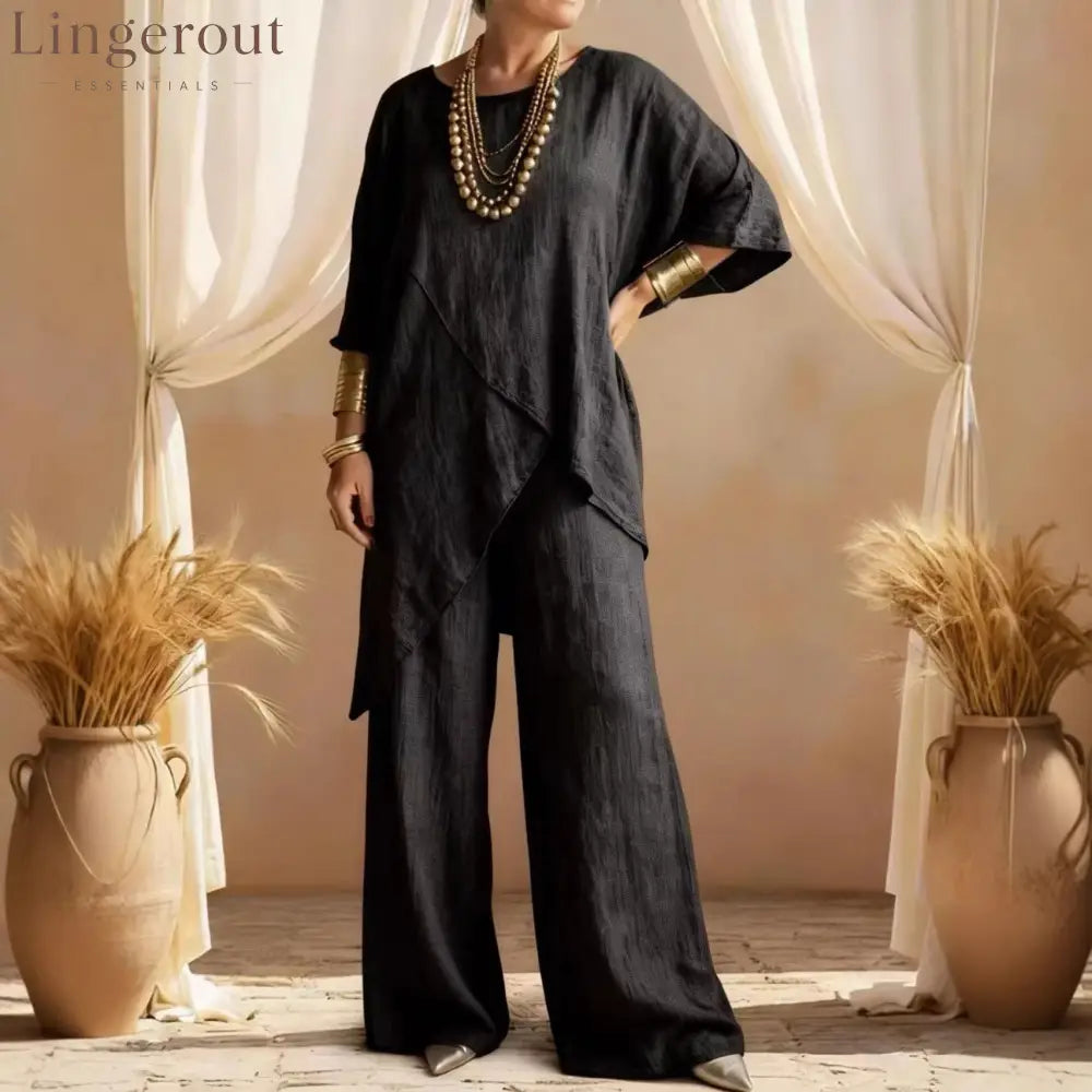 Linen Asymmetric Overlap Top & Wide Leg Pants Two Piece Set