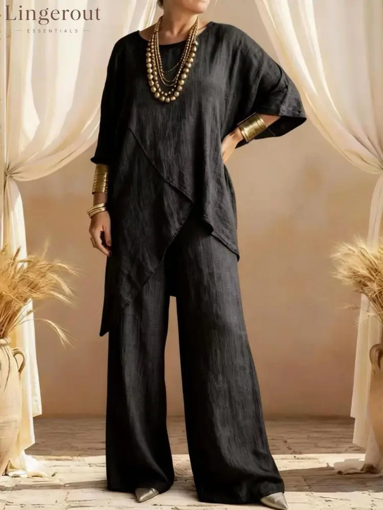 Linen Asymmetric Overlap Top & Wide Leg Pants Two Piece Set - Black / S