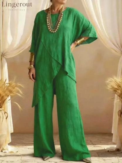 Linen Asymmetric Overlap Top & Wide Leg Pants Two Piece Set - Green / S
