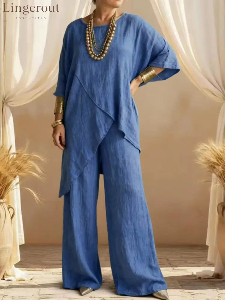 Linen Asymmetric Overlap Top & Wide Leg Pants Two Piece Set - Royal blue / S