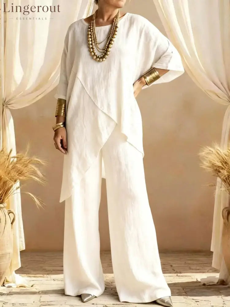 Linen Asymmetric Overlap Top & Wide Leg Pants Two Piece Set - White / S