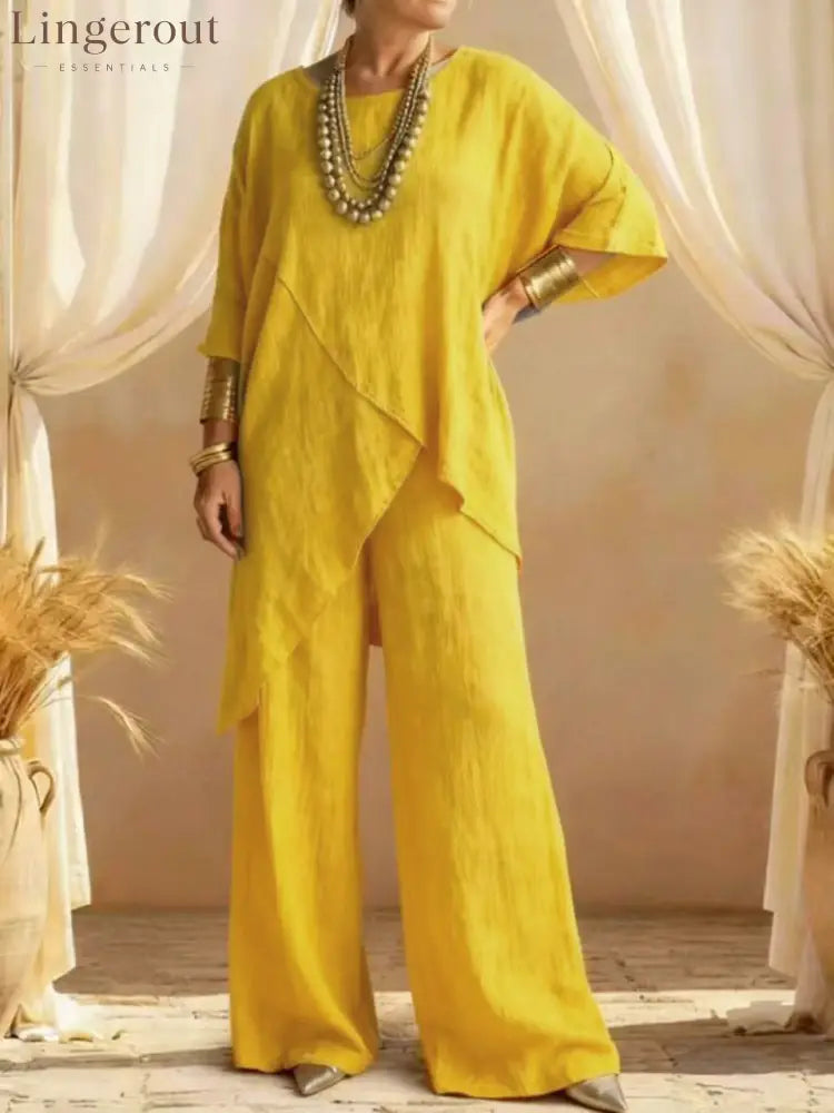 Linen Asymmetric Overlap Top & Wide Leg Pants Two Piece Set - Yellow / S