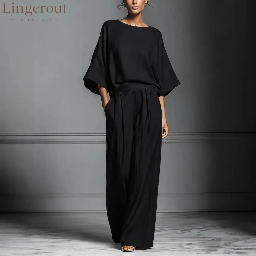 Linen Blend Batwing Sleeve Two-Piece Set - Black / S