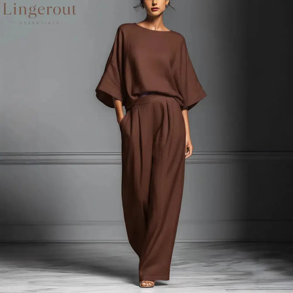 Linen Blend Batwing Sleeve Two-Piece Set - Brown / S