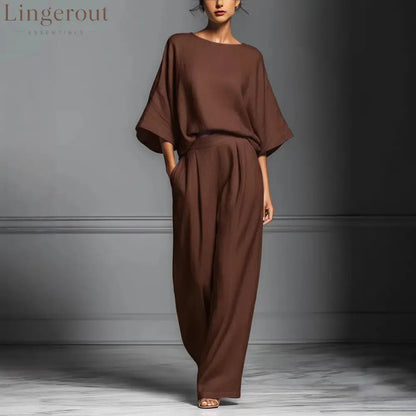 Linen Blend Batwing Sleeve Two-Piece Set - Brown / S