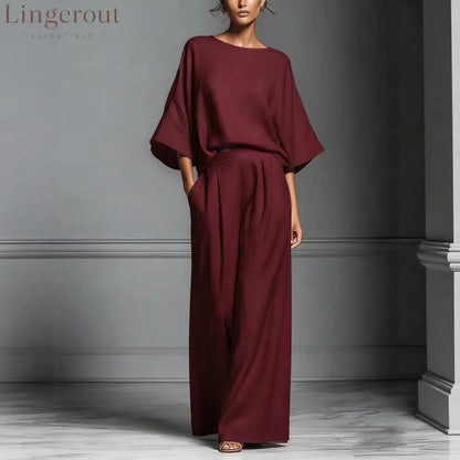 Linen Blend Batwing Sleeve Two-Piece Set - Burgundy / S