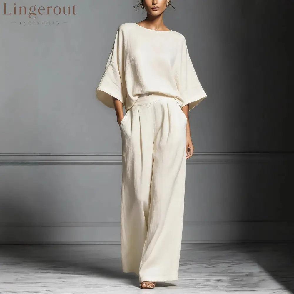 Linen Blend Batwing Sleeve Two-Piece Set - Milky / S