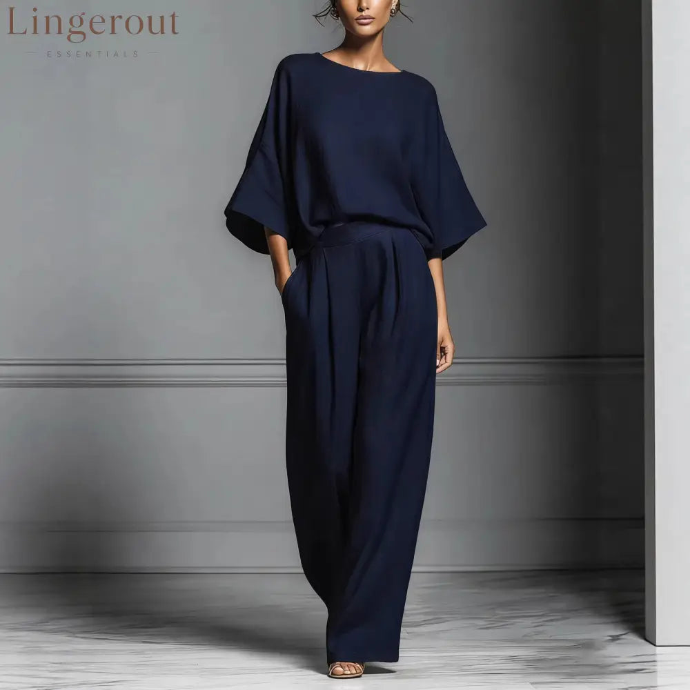 Linen Blend Batwing Sleeve Two-Piece Set - Navy blue / S