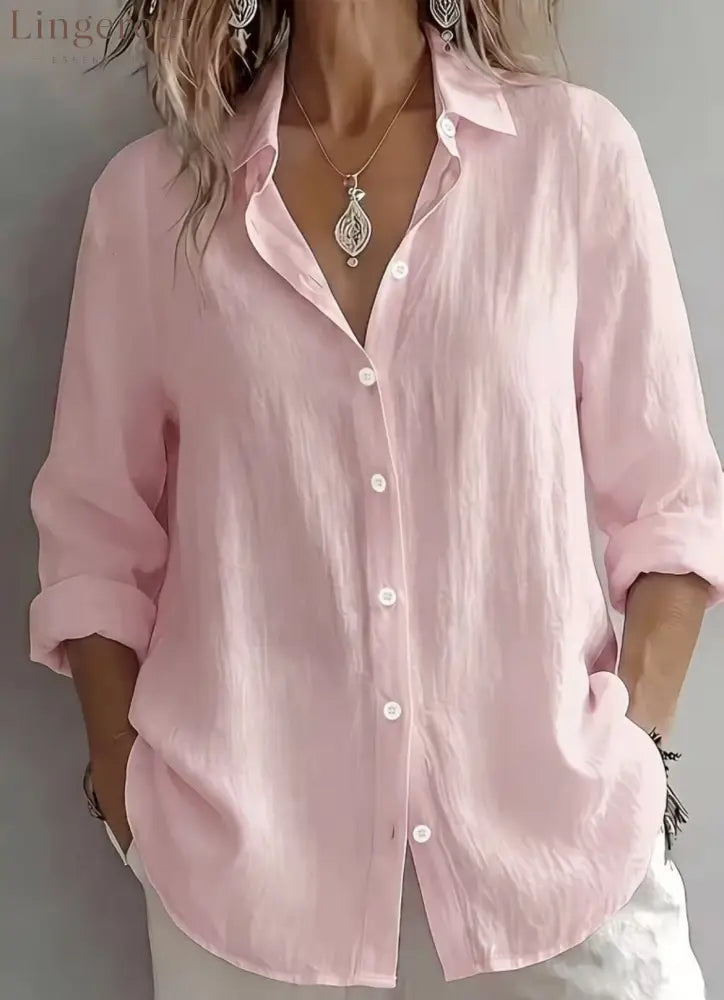 Linen Blend Button Front Casual Shirt - Pink / S