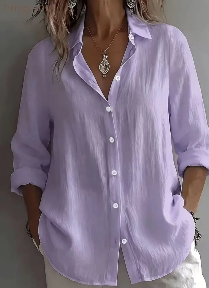 Linen Blend Button Front Casual Shirt - Purple / S