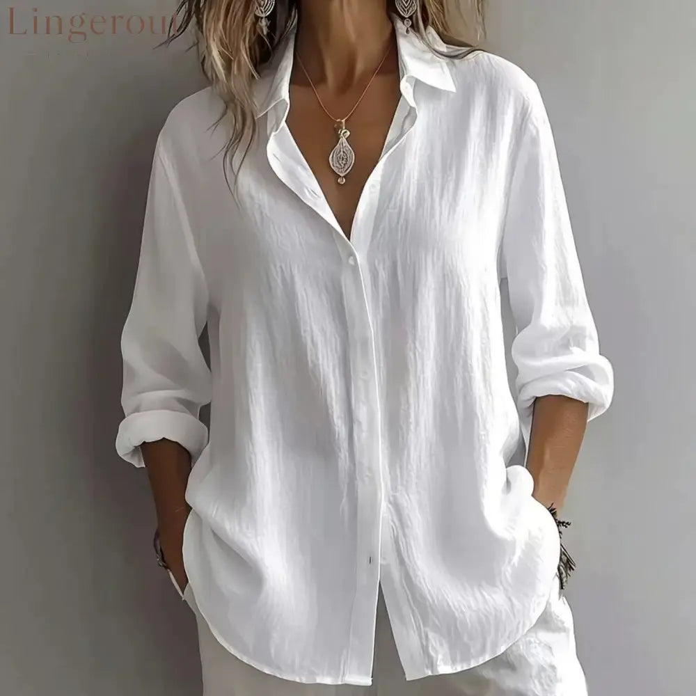 Linen Blend Button Front Casual Shirt - White / S