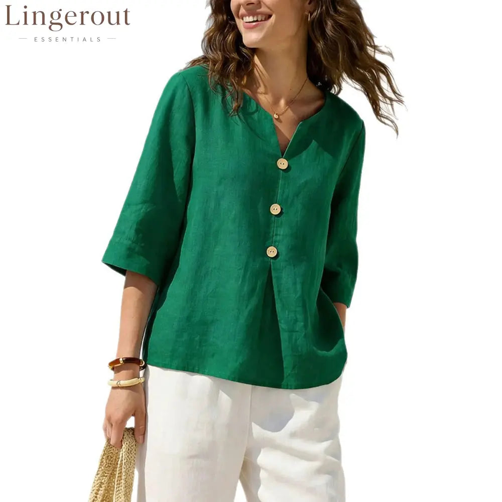 Linen-Blend Button-Front Top – Soft Textured 3/4 Sleeve Blouse