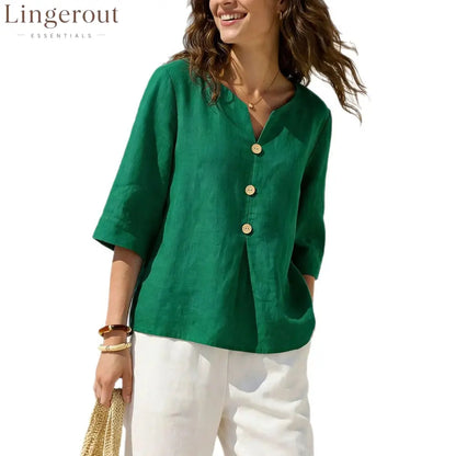 Linen-Blend Button-Front Top – Soft Textured 3/4 Sleeve Blouse