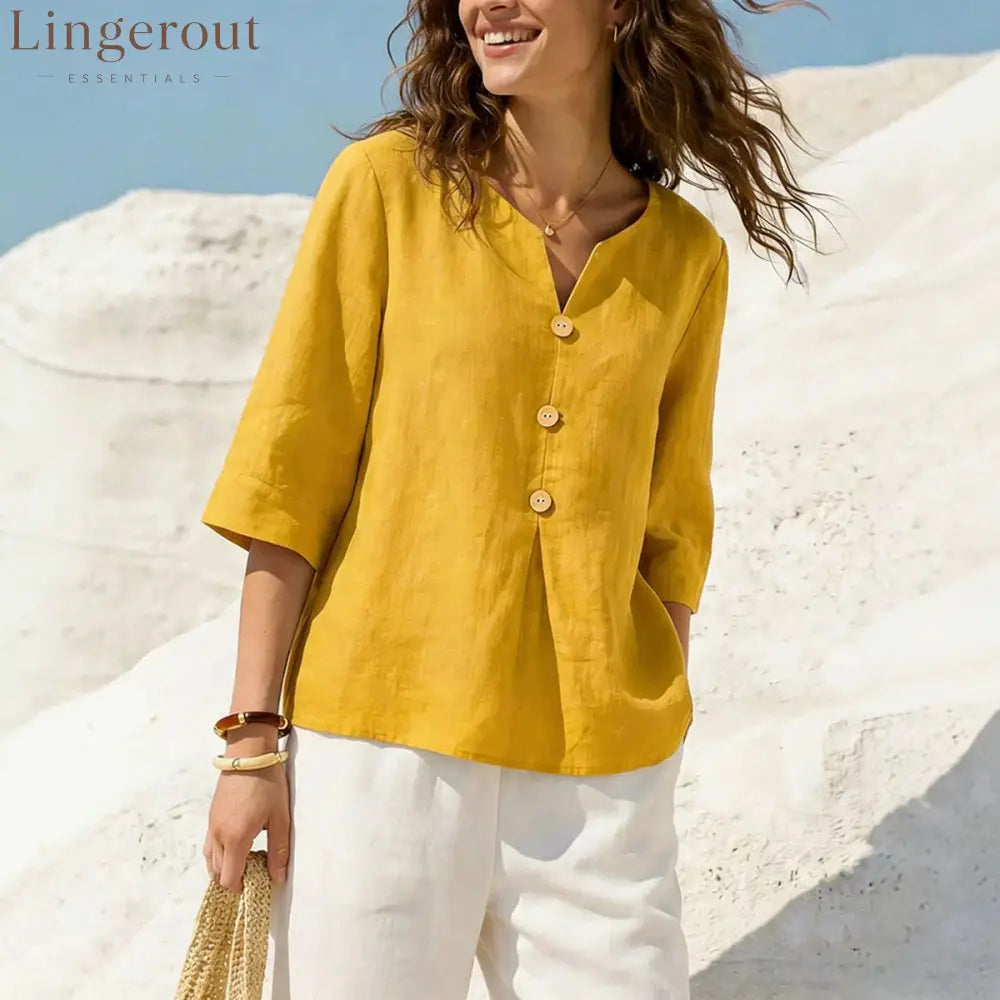 Linen-Blend Button-Front Top – Soft Textured 3/4 Sleeve Blouse