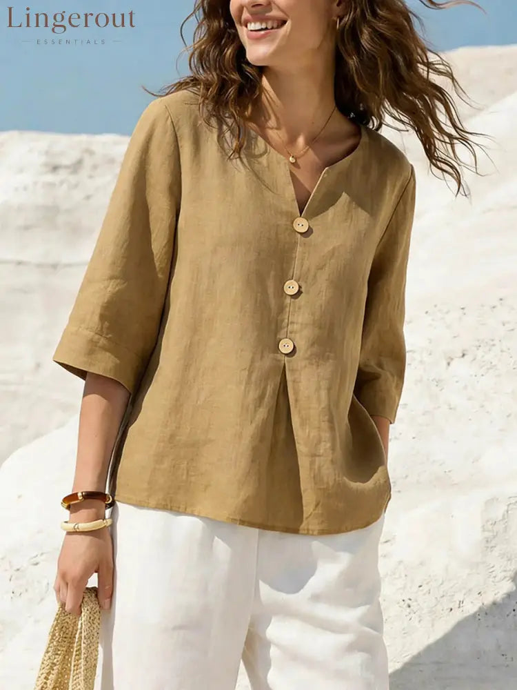 Linen-Blend Button-Front Top – Soft Textured 3/4 Sleeve Blouse - Khaki / S