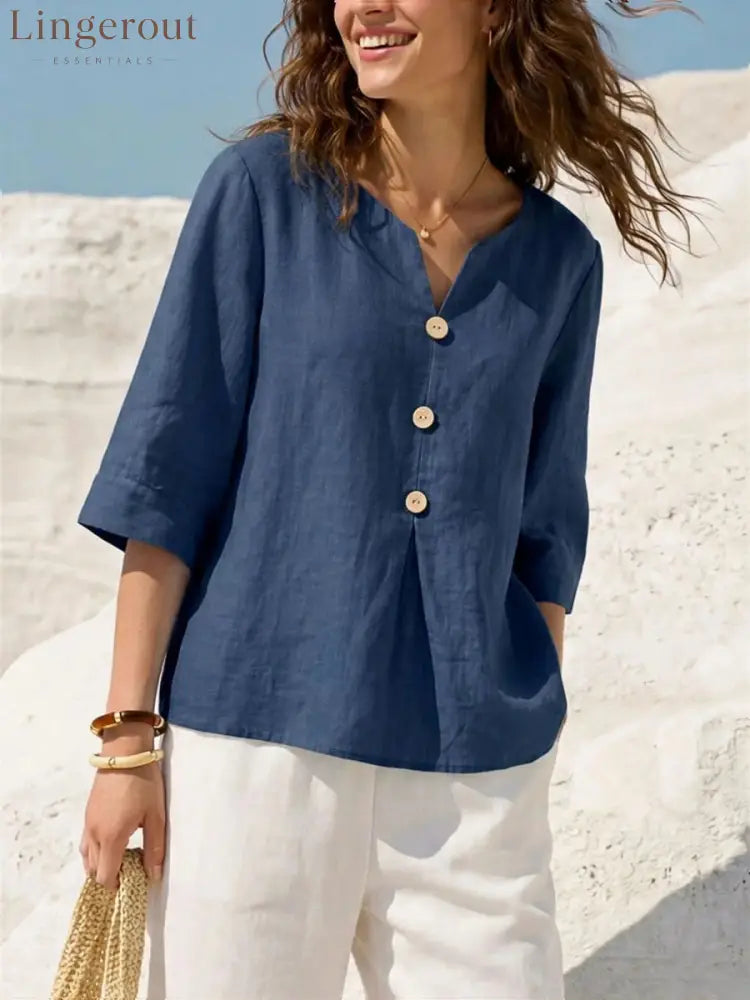 Linen-Blend Button-Front Top – Soft Textured 3/4 Sleeve Blouse - Navy blue / S